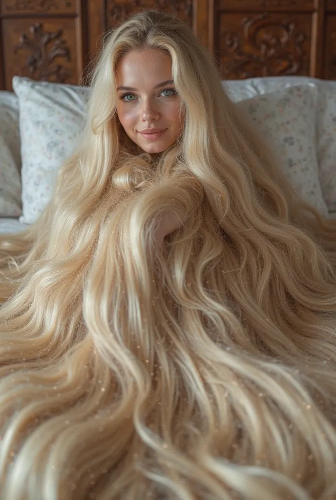 A beautiful woman lies on a large bed. She has the longest hair in the world. She has huge masses of beautiful long very blonde hair.  Her long thick beautiful hair cascades around her body. Her hair is so long that it completely covers the floor in all di...