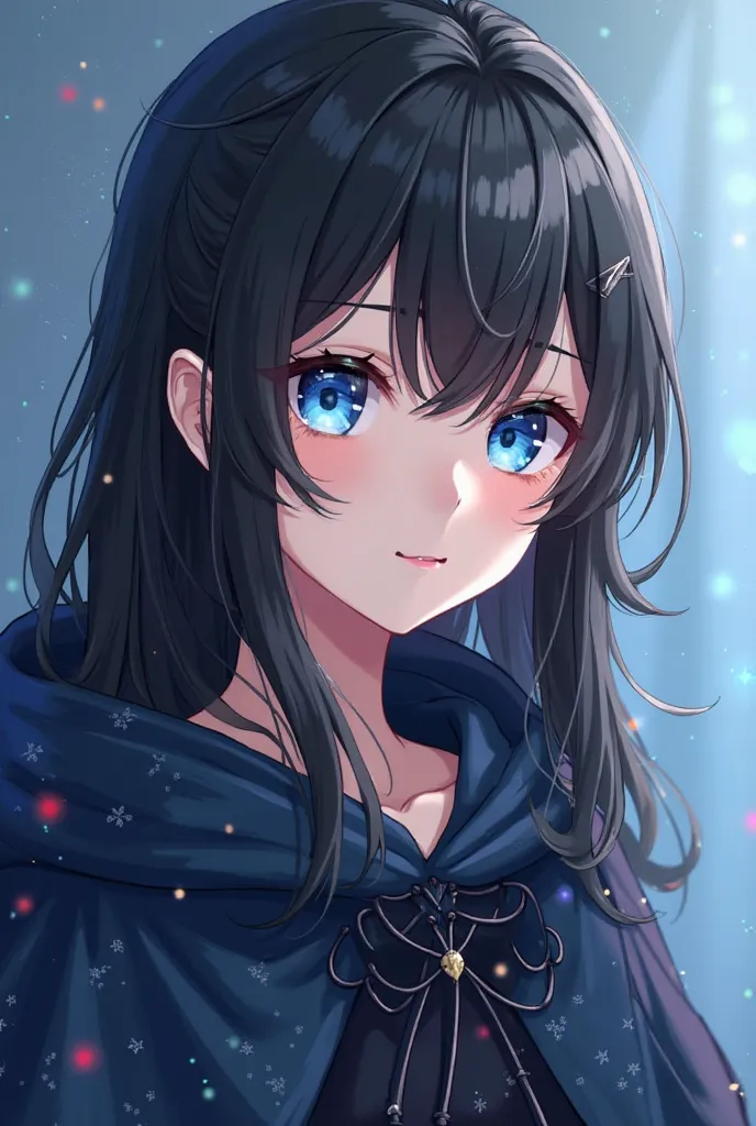 A highly detailed anime-style avatar, face and part of the shoulders of a beautiful young woman with long hair and Blacks,  slightly wavy,  with loose threads framing her face . Her bright blue eyes have a deep and mysterious look, reflecting a faint magic...