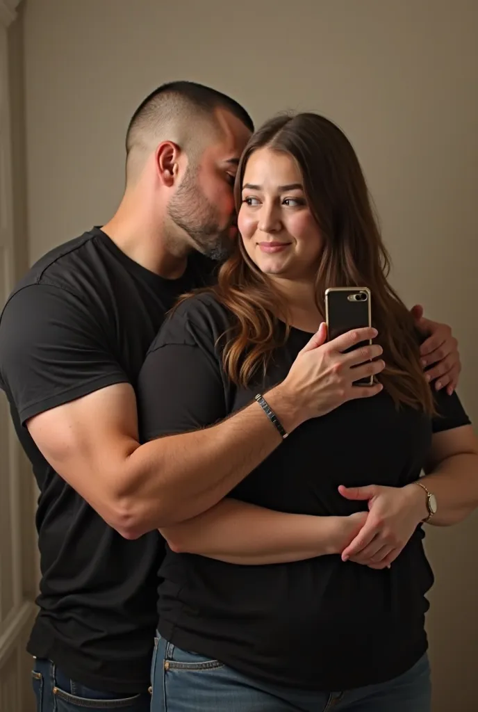 Man with buzzcut is taking a mirror selfie, he as muscles and wears a black t-shirt, he is holding his girlfriend in his arms she has brown hair and is chubby and wears a black t-shirt, the man is hiding his face behind his phone 