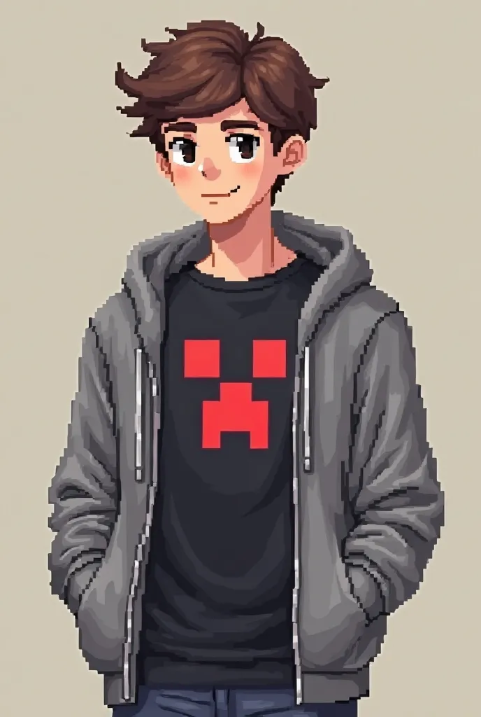 A brown gamer wearing a gray sweatshirt under his sweatshirt has a black shirt with the face of a red creeper the style of the image must be pixel art