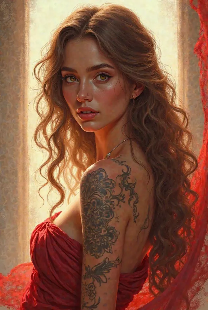 High quality 2d image, Aphrodite goddess. Greek, of light brown hair and brown eyes, tattoos on her body and predominant colors such as passion red