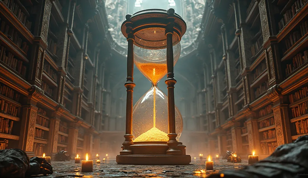 A giant hourglass in the middle of a hidden library, symbolizing the flow of incarnations.