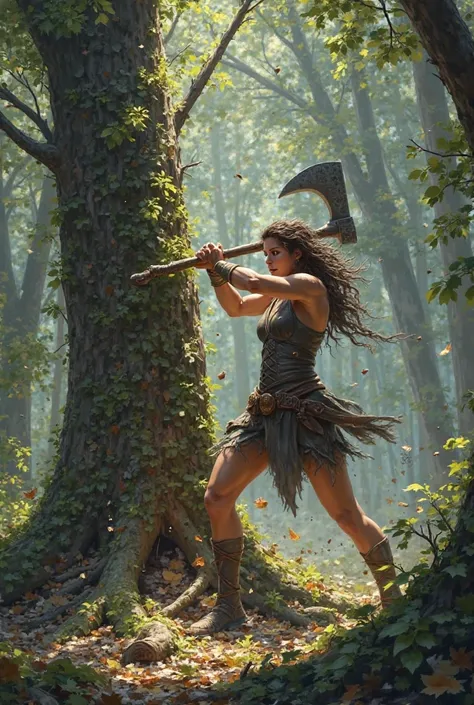 A warrior cuts down a large hornbeam tree by forcefully swinging his axe. Muscular women and her focused face is evident. There is a dense forest atmosphere in the surroundings. 2.**