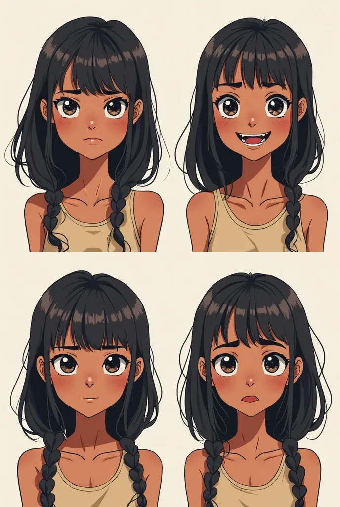 The four-panel comic features a tan-skinned girl with long black hair and micro bangs, showcasing her shifting emotions.

In the first panel, she looks intimidating, with sharp eyes and a serious expression, her gaze piercing and posture firm.

In the seco...