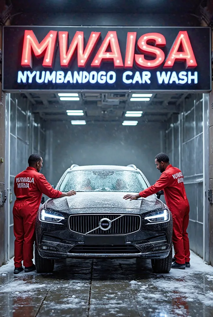 "A modern and captivating car wash station, featuring a large, bold 3D sign at the top displaying the name 'MWAISA NYUMBANDOGO CAR WASH.' The lettering is styled in a modern, eye-catching font with vibrant and attractive colors. Below the sign, the car was...