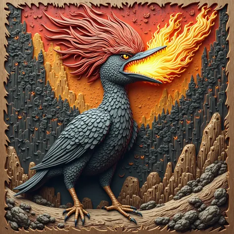 NFT 3D woodcut colored Woodpecker Wild 
 Angry giant shooting fire through the mouth flashy