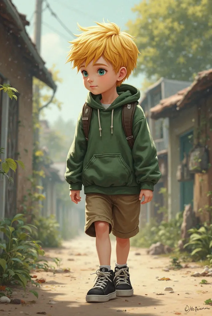 Yellow-haired boy,green eyes, wearing a military green sweatshirt along with brown shorts and black sneakers walking in profile 