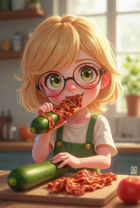 Little blonde girl with glasses preparing zucchini while eating bacon ( bacon )