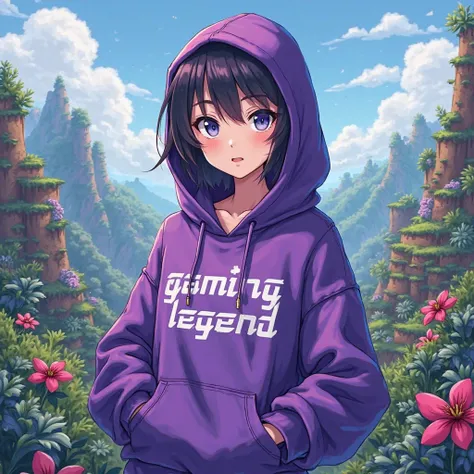 Minecraft anime style mail s character purple Hoodi and Hoodi text GAMING LEGEND create a beautiful image 