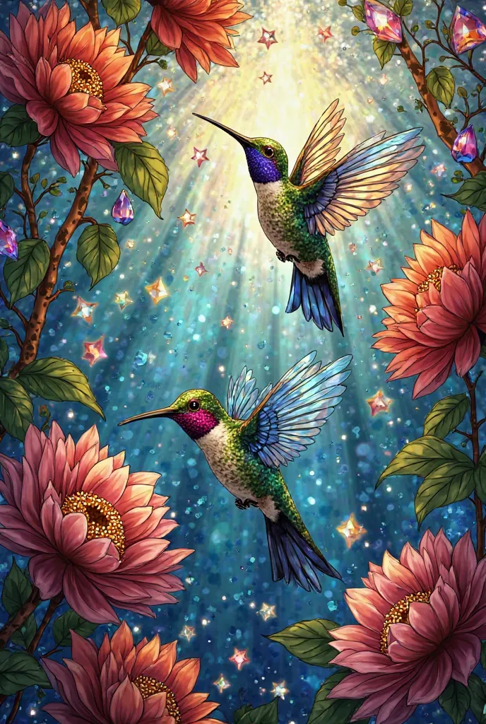 Stained glass hummingbirds with flowers, precious gems, intricate abstract. intricate artwork,  fantasy art by greg rutkowski, radiant light, ultra detailed, cinematic, sharp focus