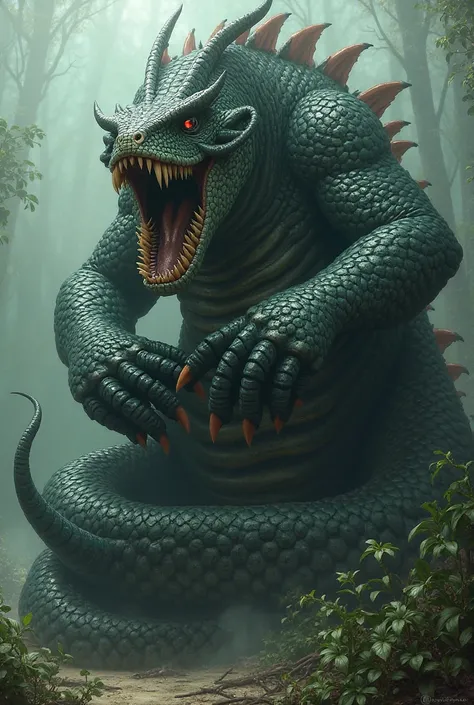 *The monster's body was huge and serpentine, with scales covering it's entire body in a pattern of various shades of dark green and black. It had large reptilian eyes that shimmered with an almost intelligent glint, and a mouth filled with sharp and jagged...