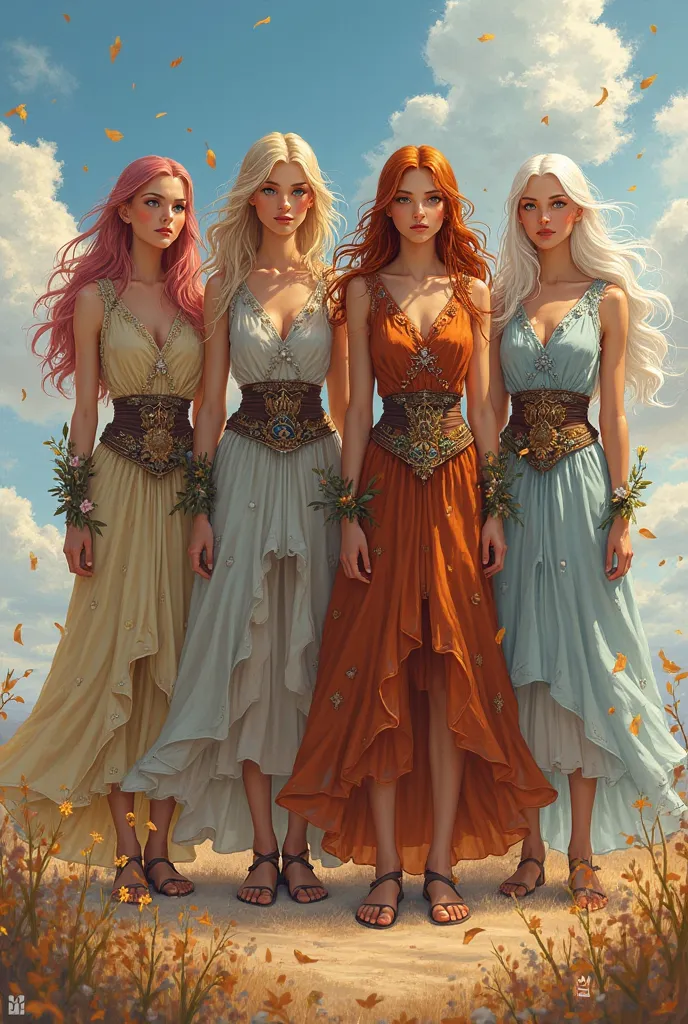 A group of four identical twin sisters, each representing a different season of the year. They share the same facial features, body type, and overall design, but their hair, eye color, clothing, and surrounding environment change to match their respective ...