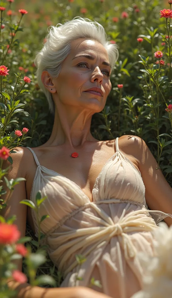 Jolie femme 65 ans,   robe transparente,  cheveux   rasés avec frange très courte, allongée au milieu des fleurs dans un champ, lacive , mince