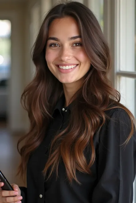 smiling woman with long brown hair and black shirt holding a cell phone,  a photo of Nándor Katona , tumblr, cards,  profile portrait photo , 18 years old,  19 years old, retrato sophie mudd, 1 , smiling slightly,  young woman with long dark hair ,  Valent...