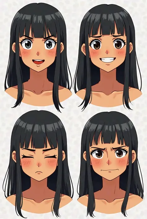 The four-panel comic features a tan-skinned girl with long black hair and above the eyebrows bangs, showcasing her shifting emotions.

In the first panel, she looks intimidating, with sharp eyes and a serious expression, her gaze piercing and posture firm....