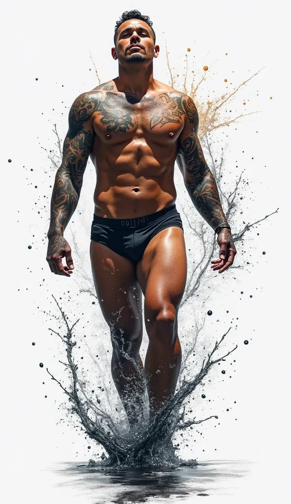 Awakening, White background, ϕ, Male, Man, Beautiful, Full body, Sexy underwear, Lust, Bulge, Tattoos, Ultra detailed art, Midnight aura, Night sky, Natural skin, Water splash, Color splash art, Splatter, Black ink, Melted liquid, Dreamy, Shiny, Glamour, G...