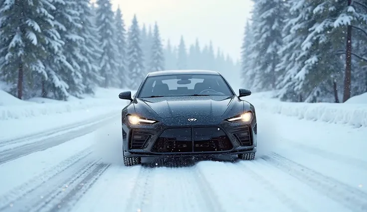 Black car on a snowy road in games