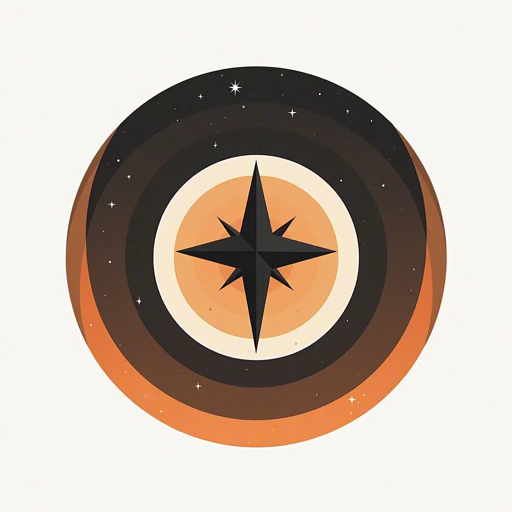 Star drawing inside an circle. Black, orange and white colors, not detailed