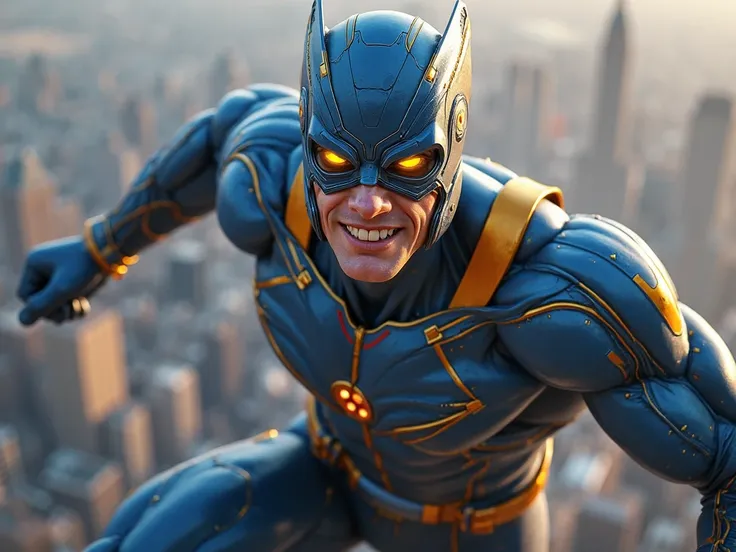 A muscular superhero, with a metallic blue and gold costume, Futuristic mask and glowing eyes, it's on top of a building, ready to jump .  He seems confident , with a heroic smile. realistic art style , inspired by Marvel comics, cinematic lighting