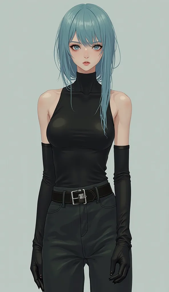 full length
(Slender 18 year old boy with light blue long hair (short bangs on the front and two strands of hair up to the chin) with feminine features in a black sleeveless high-neck fitted tank top, black loose pants with black belt with metal buckle,  p...