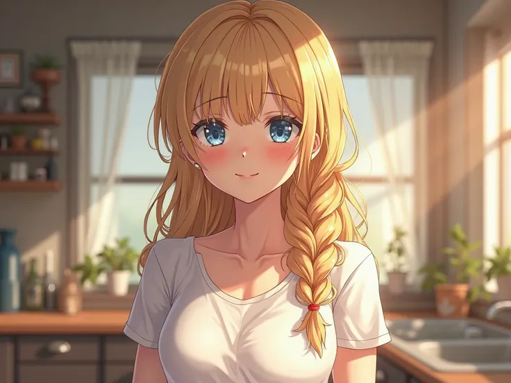 (extremely detailed fine touch:1.2), (natural light, luz del sol, rays of light, dappled light, ray tracing:1.2), Realistic anime mature woman , obra maestra, t-shirt, high quality , TSBKMYJM-KJ  , single braid, hair over the shoulder , white dress , (blus...