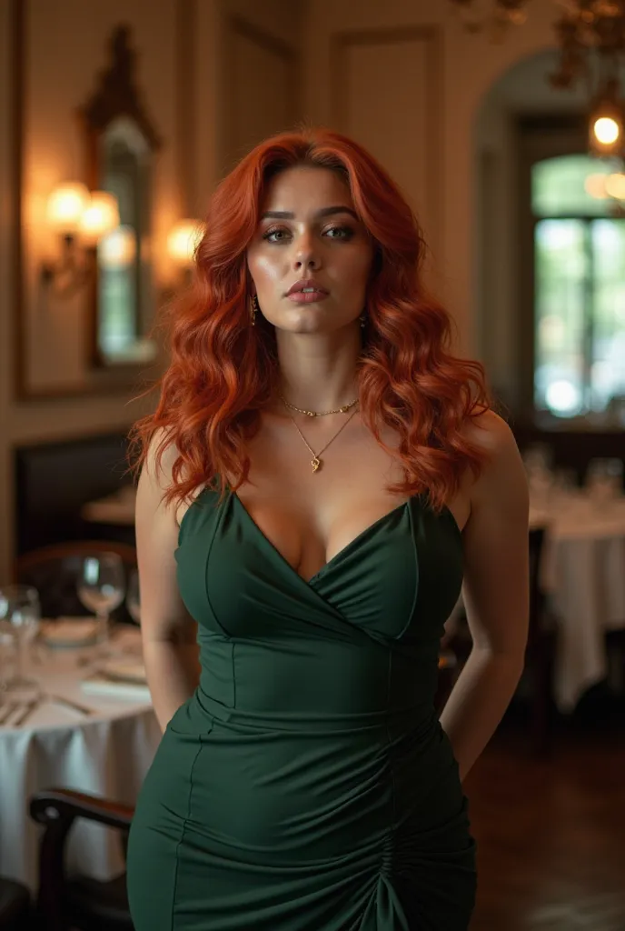 Create a full-body portrait of a 23-year-old Brazilian red-haired influencer with a curvy physique. She has a sad facial expression and wears a dark green dress that elegantly highlights her figure. Her hair is styled beautifully (choose a hairstyle that c...