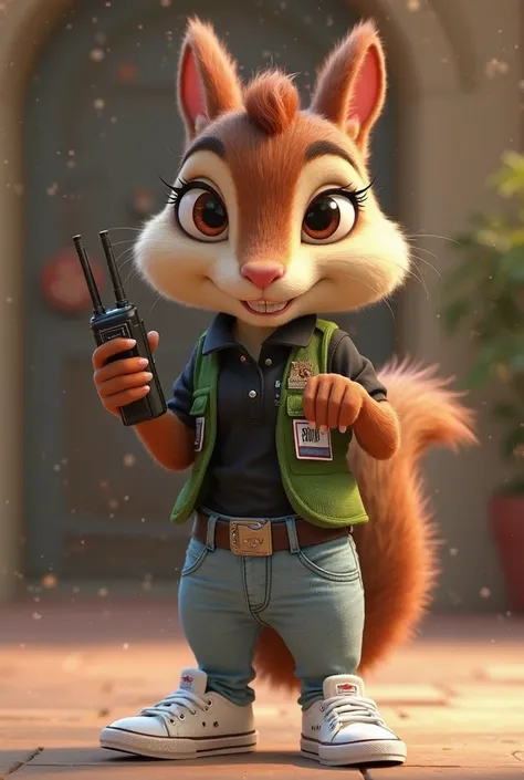 Disney pixar picture of a female squirrel. She has a long brown hair with two blonde strands in front, brown eyes, long lashes and black eyeliner, she wears black polo neck, light texas jeans, white converse sneakers and green security vest. She holds walk...