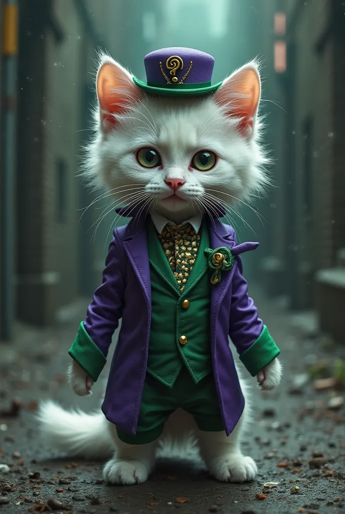 White kitten in the Riddler costume 