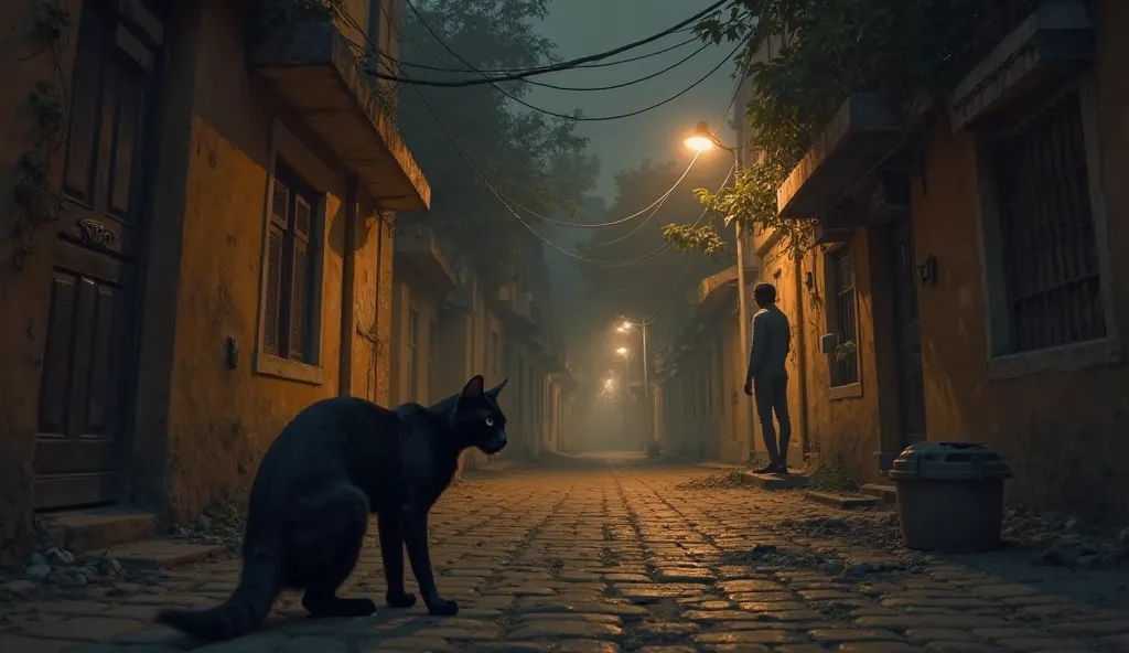 A silent Karachi street, where a cat hisses at an unseen entity.