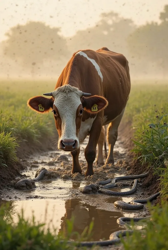 
A **massive, overgrown brown and white cow** walks slowly toward a **muddy water pit** in a **lush green farm**. The **morning mist** lingers in the air, and the sun casts a soft golden glow over the fields.  

The **cow lowers its head** to drink from th...