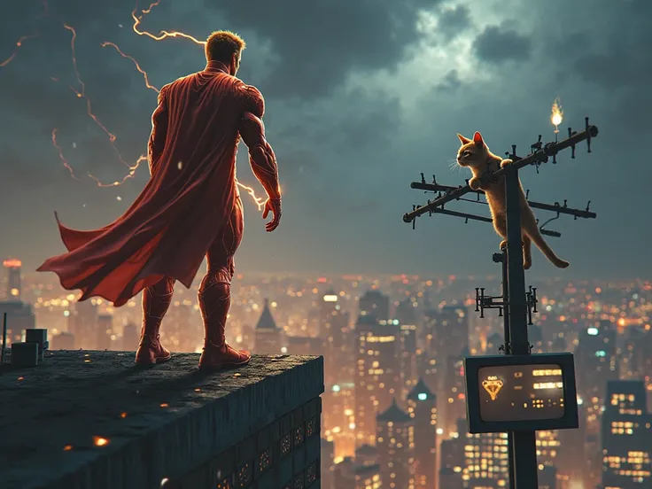 The superhero Fast Lightning appears on top of a skyscraper, with muscles shining in the city light. He observes a cat attached to the top of a TV antenna. He is determined, with a heroic look, ready for rescue. Realistic Marvel style, dramatic cinematic l...