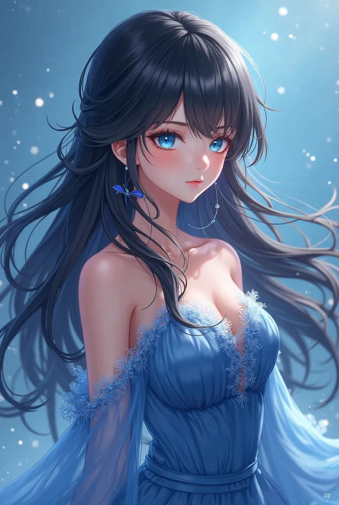 "A highly detailed anime-style avatar, portraying a beautiful young woman with long black hair,  softly ruffled by the wind . Her bright blue eyes convey a deep and mysterious look, reflecting a faint magical glow. Her delicate face is illuminated by a sof...