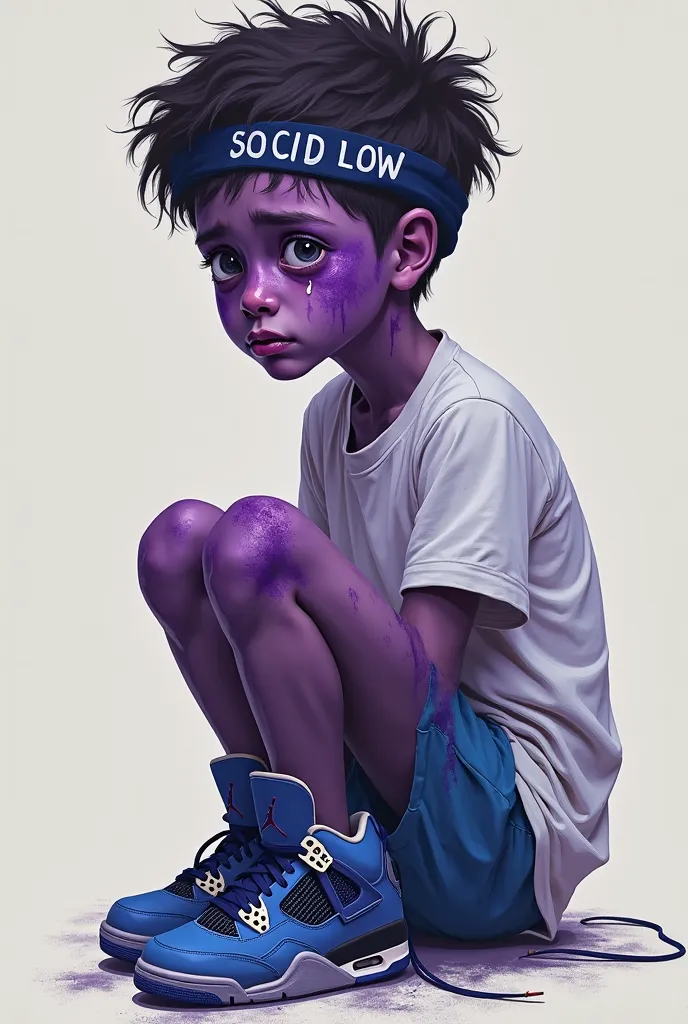  boy crying with purple skin and white shirt and blue shorts and a band on his head that says Big Low and blue Jordan 4 shoes with no bottom in the back 