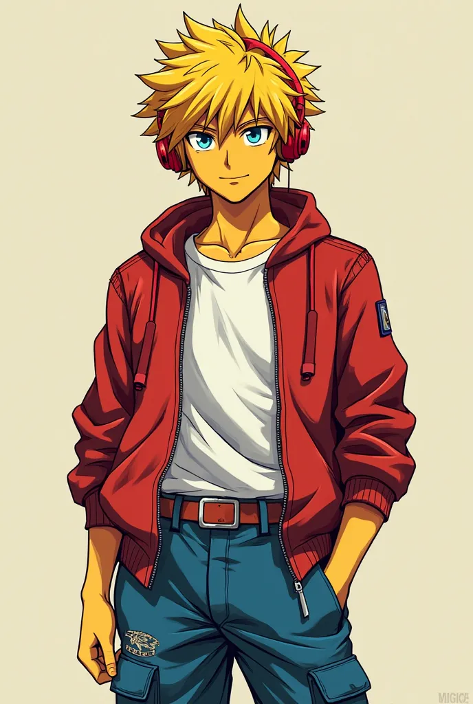 - *yellow-skinned breasts*
- *red jacket*
- *white t-shirt*
- *blue cargo pants*
- *red shoes*
- *red headphones*
- * yellow hair*
- *blue eyes*   Is a man modern anime style like My Hero Academia is the main style the most important thing is yellow skin 
...