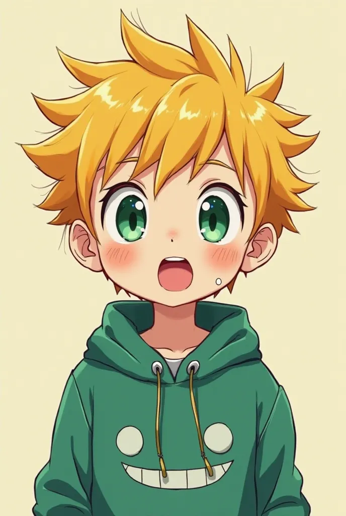 Yellow-haired boy with green eyes,wearing a surprised anime-style green sweatshirt