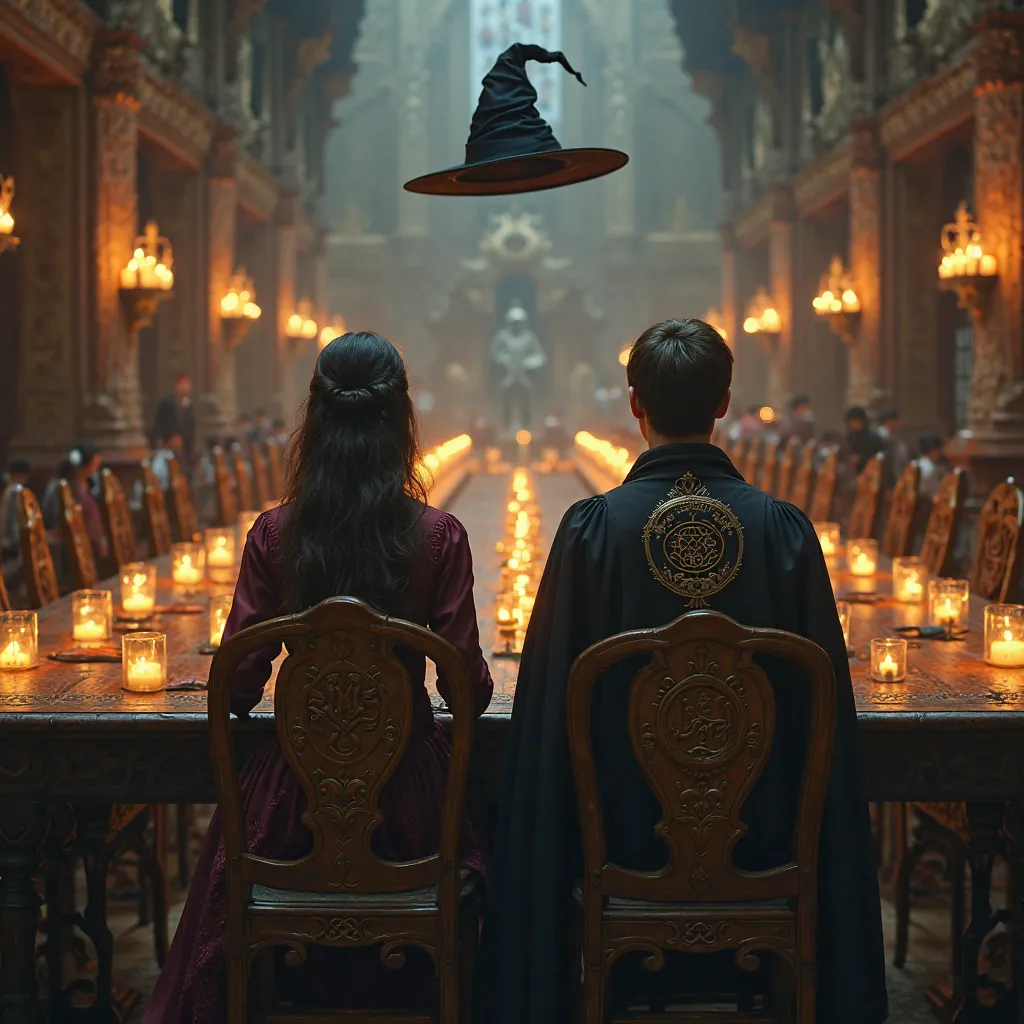 Imagine a large hall filled with long tables and high wooden countertops, adorned with floating candles that illuminate the environment with a soft and magical glow. In the center of the hall, two mysterious silhouettes stand out. on the back, a young witc...