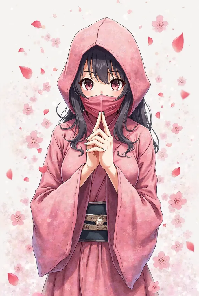 Japanese anime watercolor style. Gentle colors. Full body drawing. A female ninja with her head down and hands clasped together in front of her chest, index and middle fingers pointed up. Pink detailed ninja costume. A Japanese style hood and mask hides he...