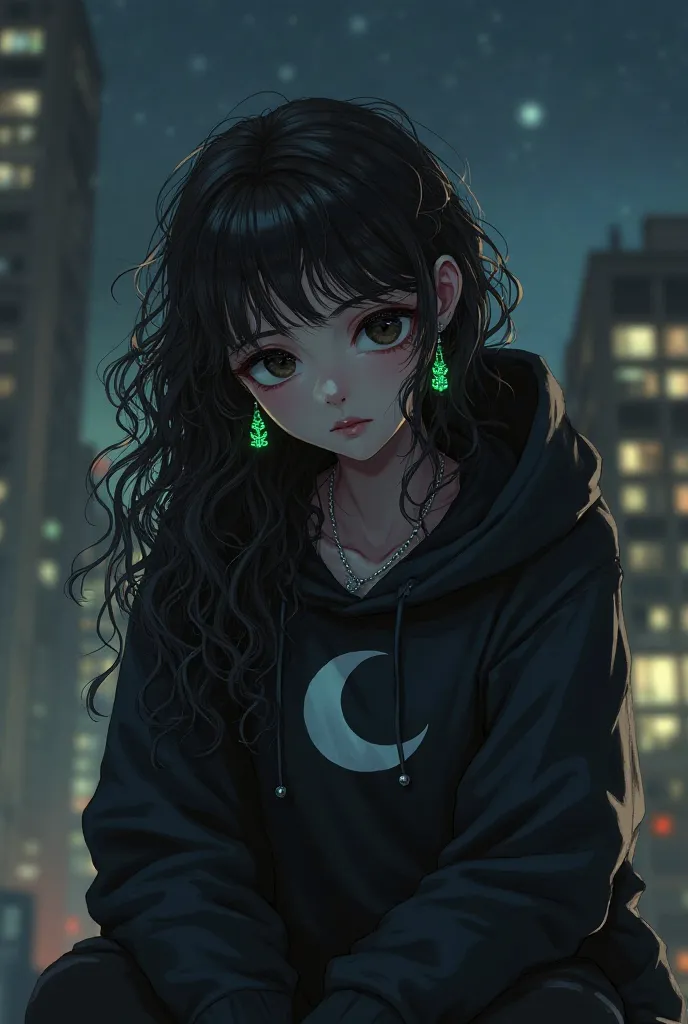 Make a curly long-haired character wearing a butterfly earring with a pinch on the ear, wearing green protective guide with silver necklace wearing a black hoodie with moon symbol and black eyes, With a tired and melancholic expression on her face sitting ...