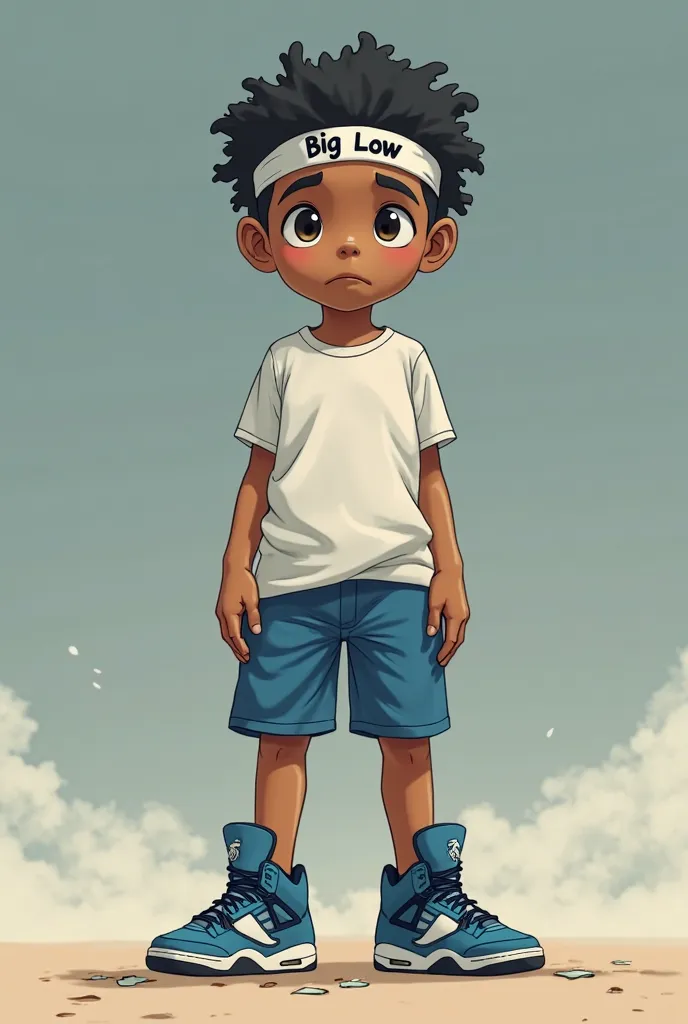  boy standing, crying with brown skin white shirt and blue shorts and a band on his head that says Big Low and blue Jordan 4 shoes with no bottom in the back, and current anime style 