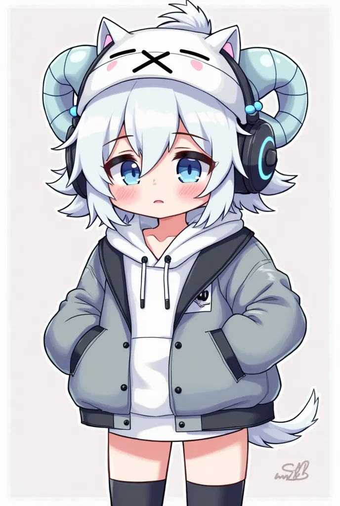 pixel art, cute ram girl, light white hair and tail, blue eyes, white hoodie, black long socks, sleepyeyes, trendy cat-shaped headphones with light blue accents, a white beanie with an x in the middle, she wears a gray open jacket and jacket with detailed ...