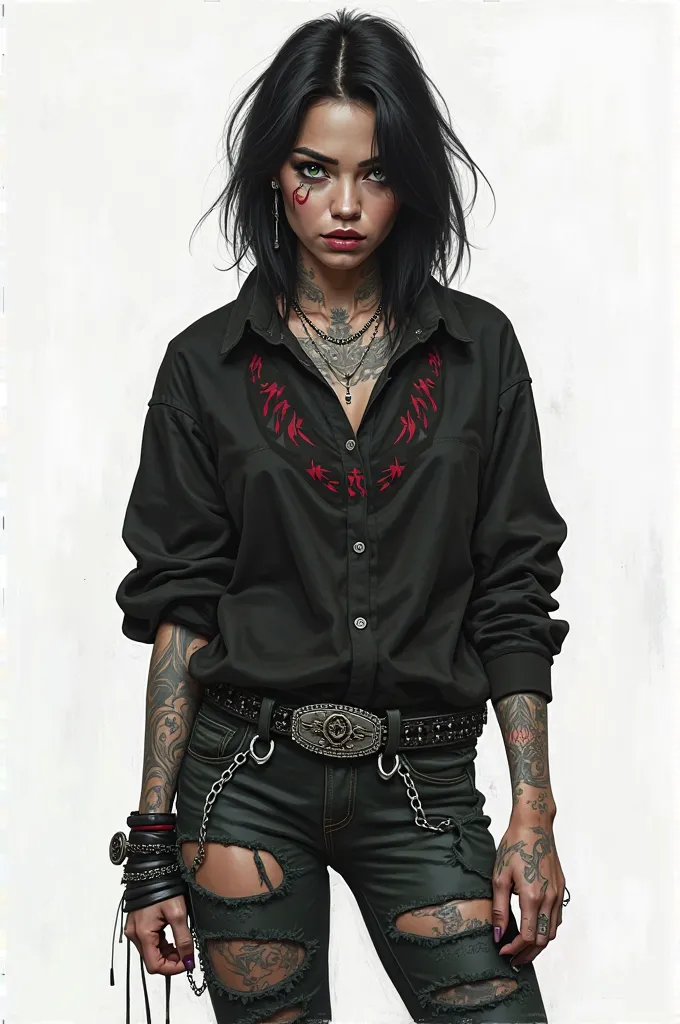 Art Style: Realistic Draw. Painting Style: Impasto. Art Direction: Dungeons and Dragons RPG. Dark Color Palette, Dark Atmosphere. / Cinematic View: A woman, with shoulder-length black hair. With tattoos on the neck and arms. With deep dark circles, and a p...