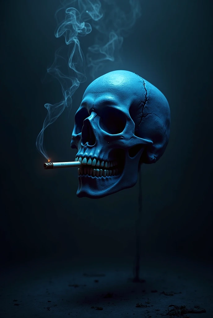 a blue skull and its black background smoking a cigarette listening to music 