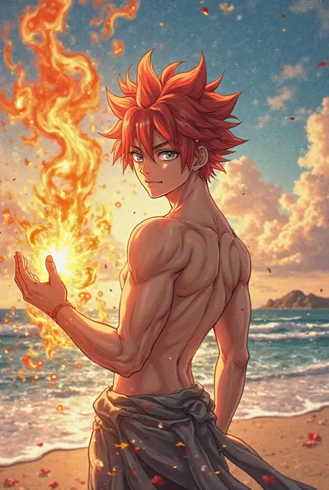 Shoto Todoroki on the beach with his left hand stretched out, You must be shirtless  ((square))