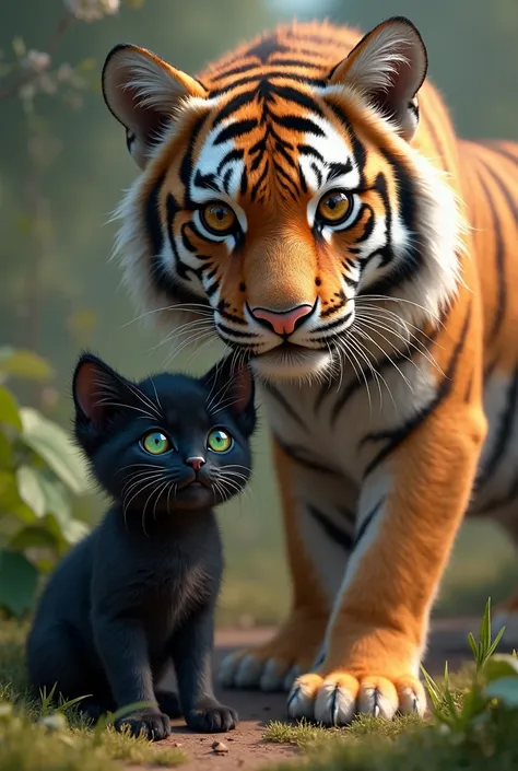 ((A kitten from ((black color))  with green eyes )) next to a ((Brown-eyed Tiger)) Realistic style, ((looking at the viewer))