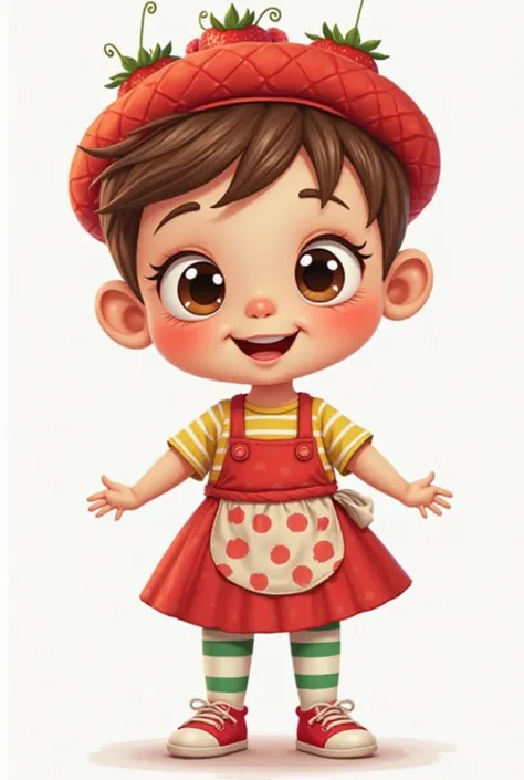 Create a cartoon of a baby standing smiling hair Joaozinho Light brown red dress with short sleeves red skirt with polka dots apron with green and white striped tights and red sneakers red beret hat with strawberries 