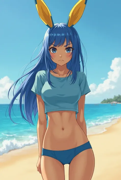 A 21 years old woman at the beach, She has yellow skin,  long blue hair, black eyes and two yellow and blue bunny ears. She has a bored/annoyed face. She's wearing a short blue shirt and blue underwear.