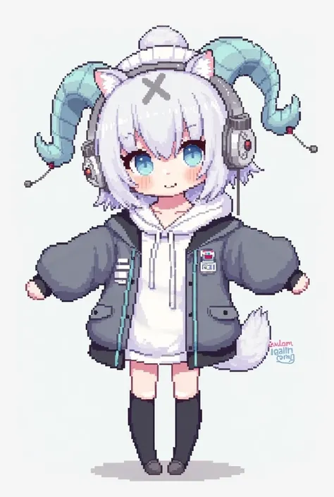 pixel art, cute ram girl, light white hair and tail, blue eyes, white hoodie, black long socks, sleepyeyes, trendy cat-shaped headphones with light blue accents, a white beanie with an x in the middle, she wears a gray open jacket and jacket with detailed ...