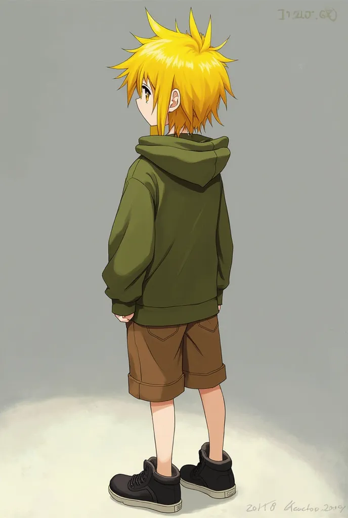 Boy with his back, Yellow-haired, wearing a military green sweatshirt along with brown shorts and black anime-style shoes