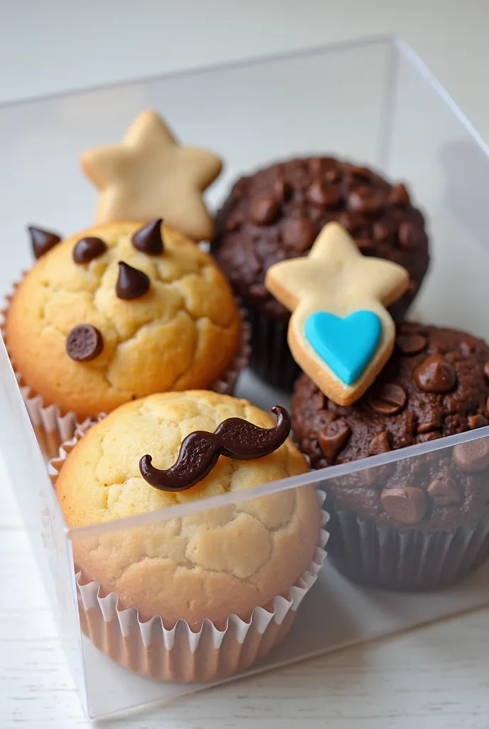 Create an image of a clear plastic box containing 2 vanilla muffins with chocolate chips, two chocolate muffins with cocoa, 2 blue heart cookies and 2 cookies shaped like mustaches and two cookies shaped like ties