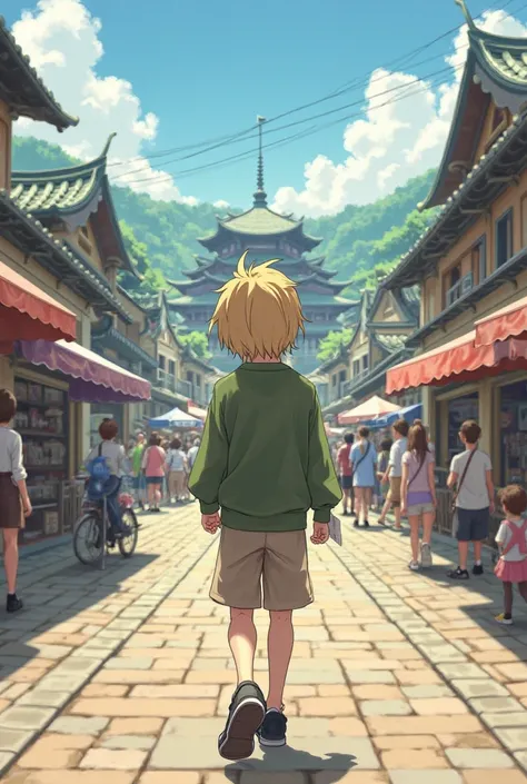 Boy with his back walking towards a town square, Yellow-haired, wearing a military green sweatshirt along with brown shorts and black anime-style shoes